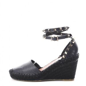 Valentino Garavani Grained denim Rockstud Ankle Wrap Espadrilles Wedges